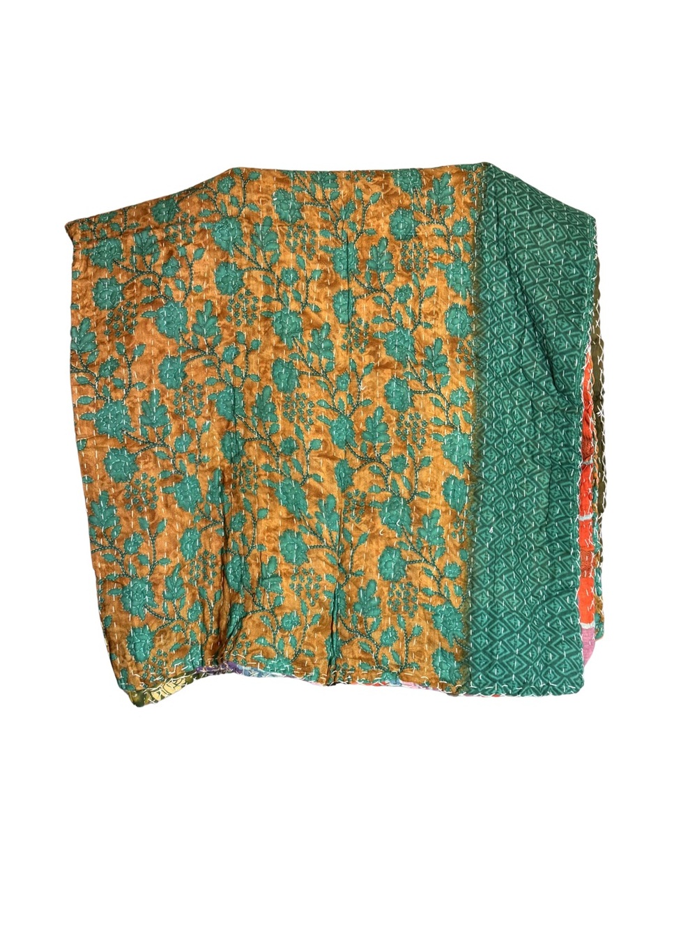 Green and Gold Floral Quilted Throw - Artisan Kantha Style